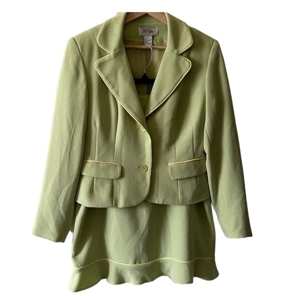 Vintage 80’s Bob Mackie ruffle hem green skirt and jacket with yellow piping - Picture 1 of 5